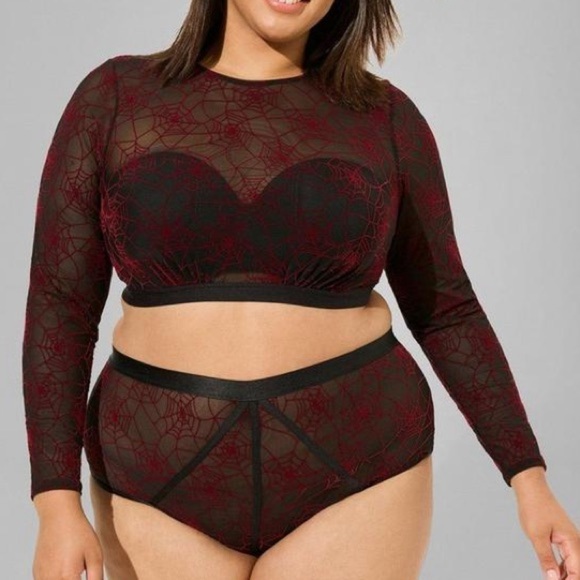 Torrid Flocked Mesh Long Sleeve Top Spider Webs Halloween Cropped Spooky - Picture 2 of 7